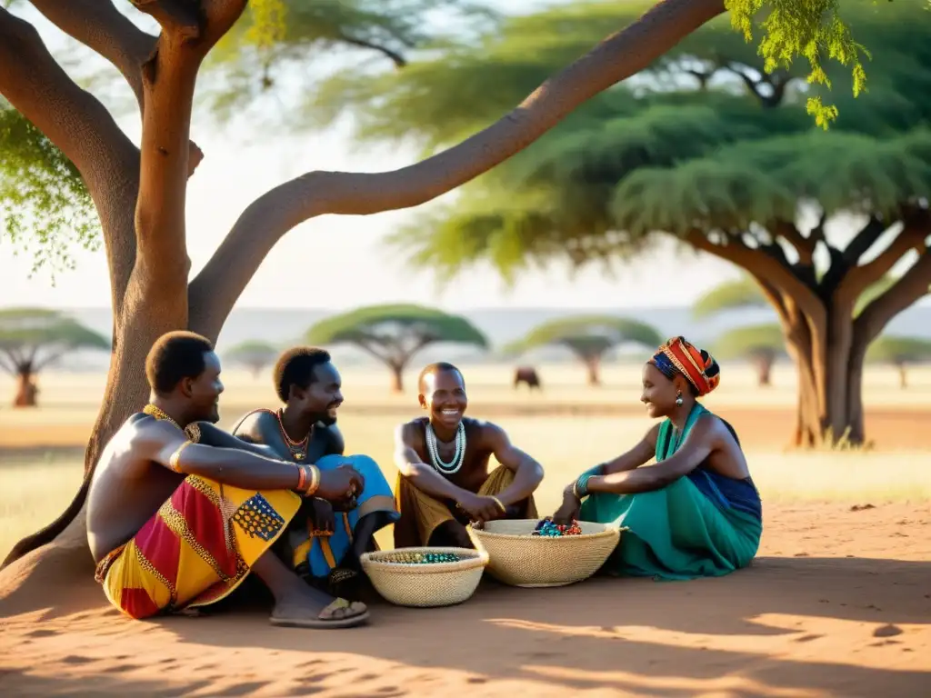 Un grupo de artesanos africanos tejiendo patrones tribales bajo acacia en la sabana africana, creando una experiencia de safari artístico