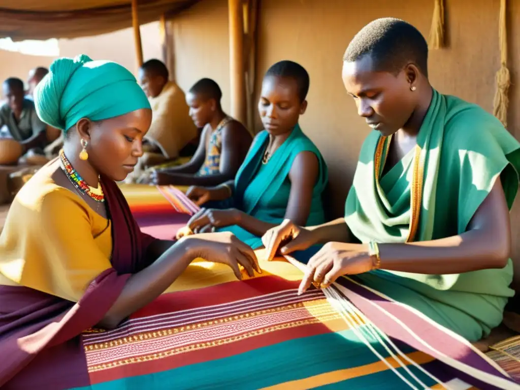 Un grupo de artesanos africanos teje patrones artísticos de África en textiles coloridos bajo el cálido sol del mercado