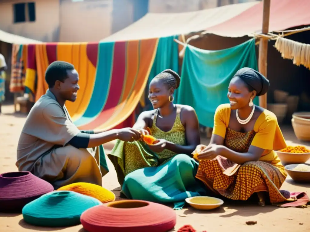 Un grupo de artesanos africanos tejiendo y tiñendo textiles tradicionales en un bullicioso mercado al aire libre, expresando una genuina camaradería y orgullo cultural