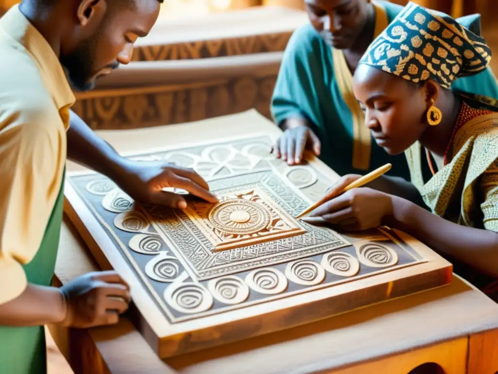 Artesanos africanos creando estampados tradicionales Un grupo de artesanos africanos aplicando cuidadosamente tinta a un bloque de impresión de patrones africanos en madera