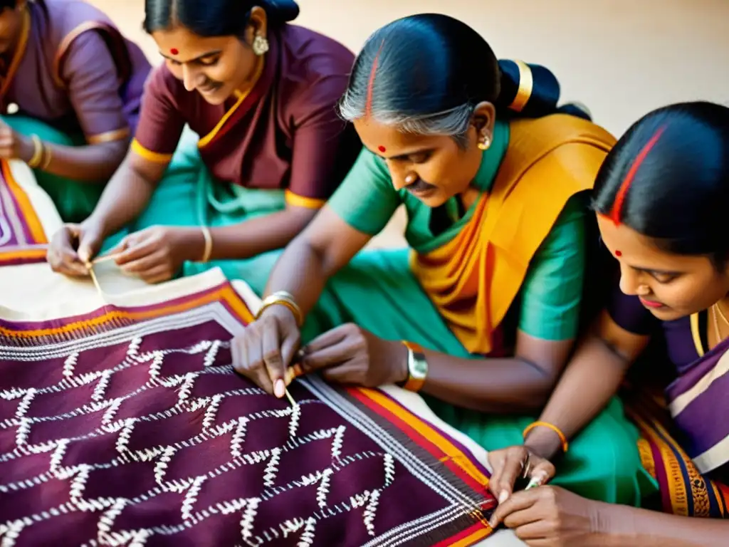 Un grupo de artesanos realizando bordados Kasuti en Karnataka, India