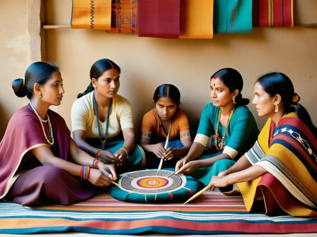 Un grupo de artesanos se reúne en círculo, rodeados de textiles coloridos y herramientas de tejido tradicionales