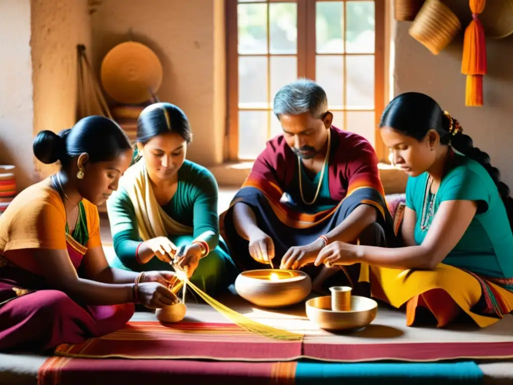 Un grupo de artesanos de diferentes culturas tejiendo textiles con técnicas tradicionales, rodeados de hilos y herramientas