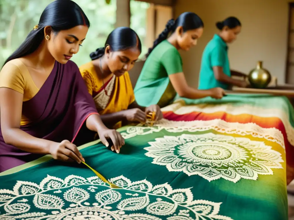 Un grupo de artesanos expertos tiñe a mano patrones de batik en una tela