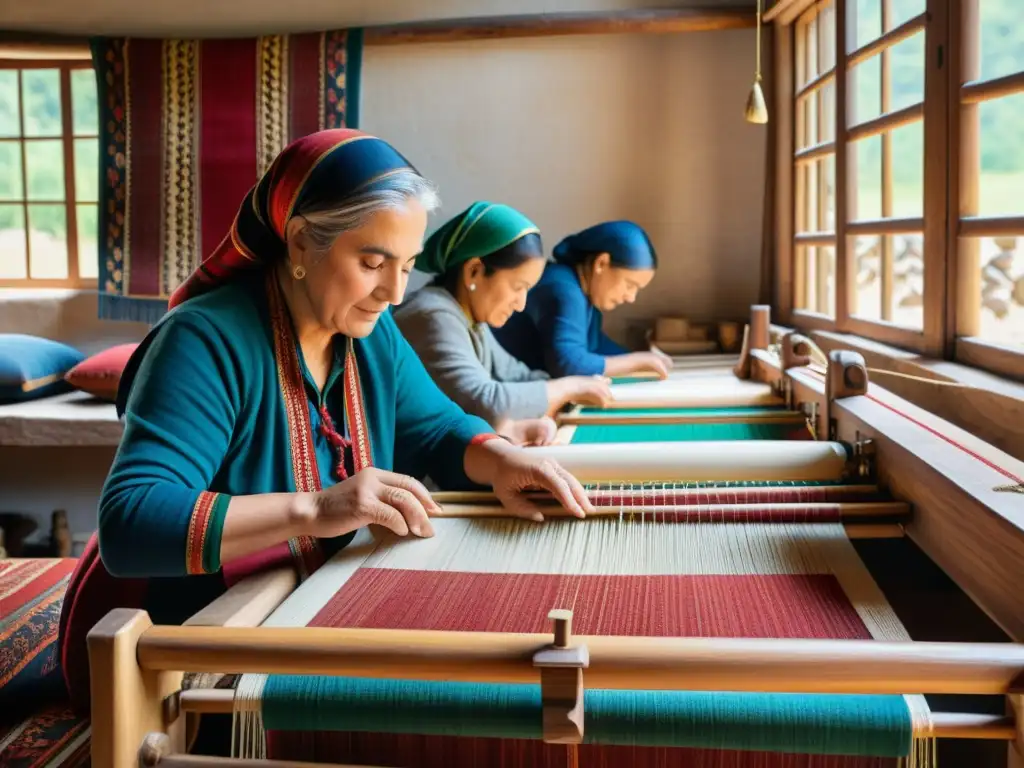 Un grupo de artesanos habilidosos tejiendo patrones vibrantes en telares de madera en un pueblo tradicional de Anatolia