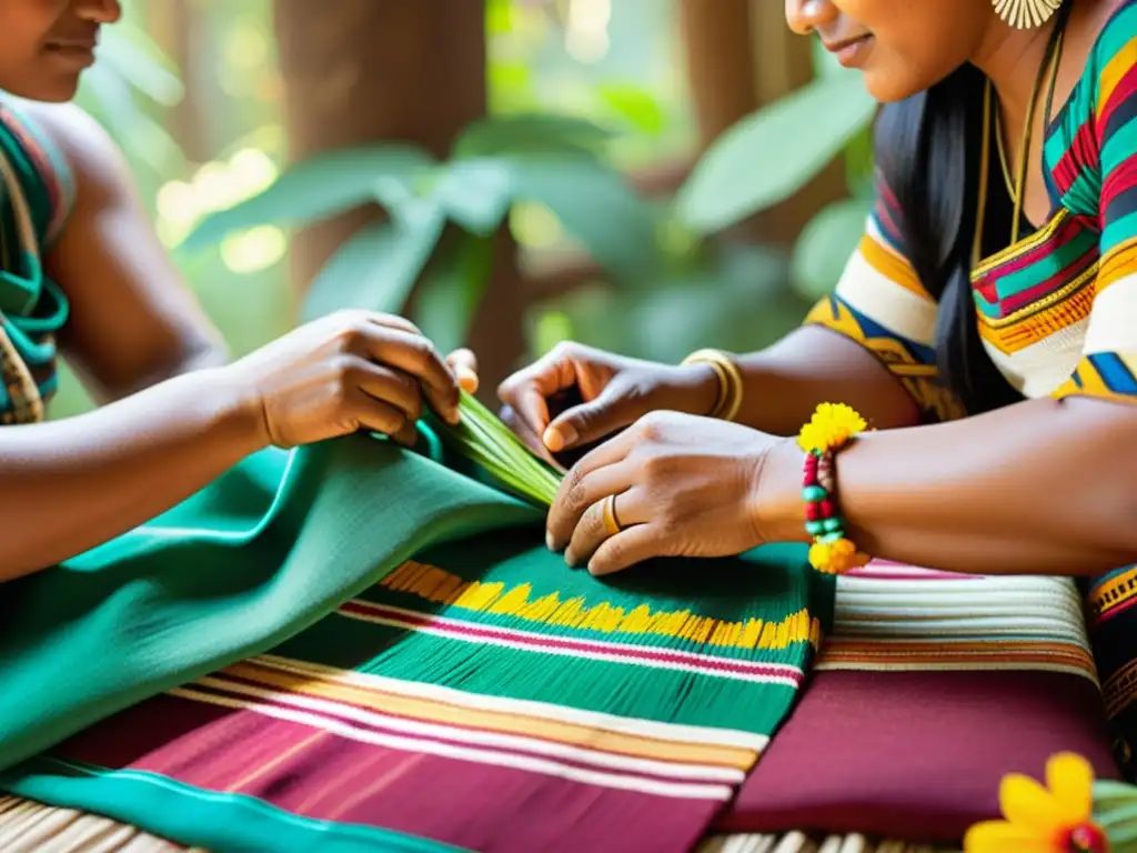 Un grupo de artesanos indígenas tejen patrones tradicionales en textiles coloridos, rodeados de naturaleza