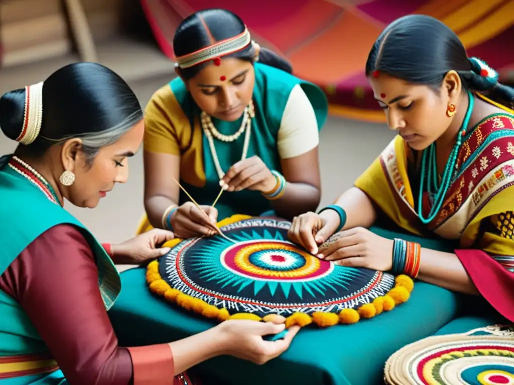 Grupo de artesanos indígenas tejiendo patrones tradicionales, representando la influencia de los patrones en la moda contemporánea