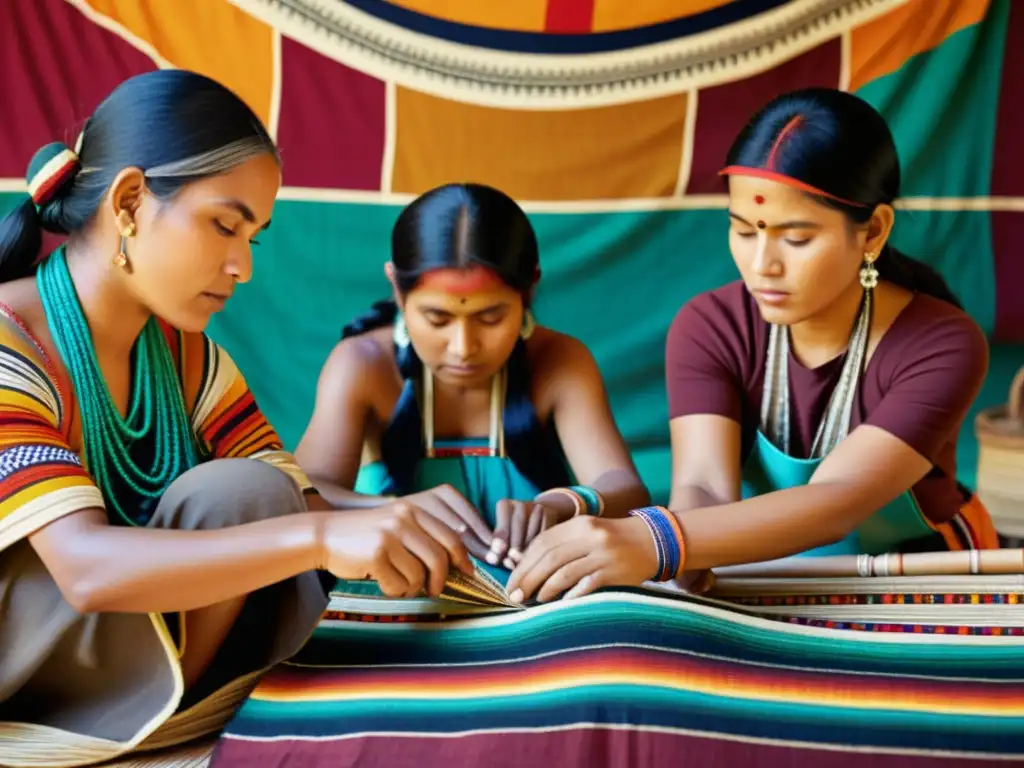 Grupo de artesanos indígenas tejiendo textiles tradicionales, con patrones étnicos y símbolos coloridos