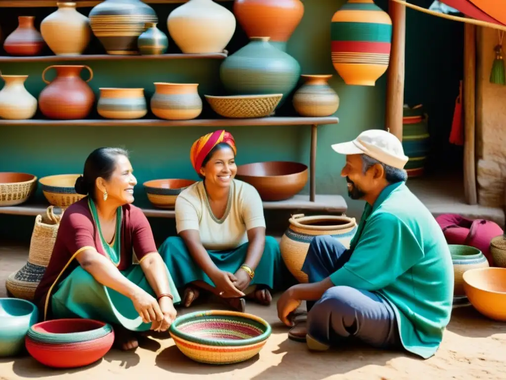 Grupo de artesanos en un mercado tradicional, mostrando sus creaciones mientras conversan animadamente