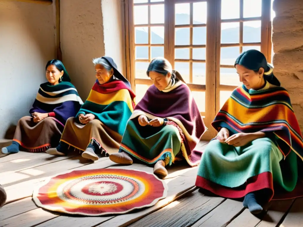 Grupo de artesanos patagónicos tejiendo en un taller rústico, mostrando el impacto cultural de los tejidos patagónicos