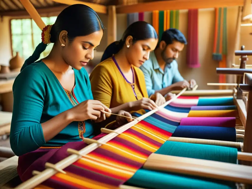 Un grupo de artesanos tejiendo patrones tradicionales en un taller, destacando la conexión entre patrones tradicionales, turismo y economía local