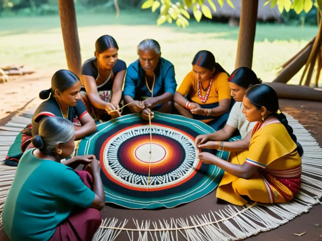 Un grupo de artesanos indígenas teje patrones vibrantes y detallados en textiles tradicionales bajo la cálida luz del sol, protegiendo diseños indígenas auténticos