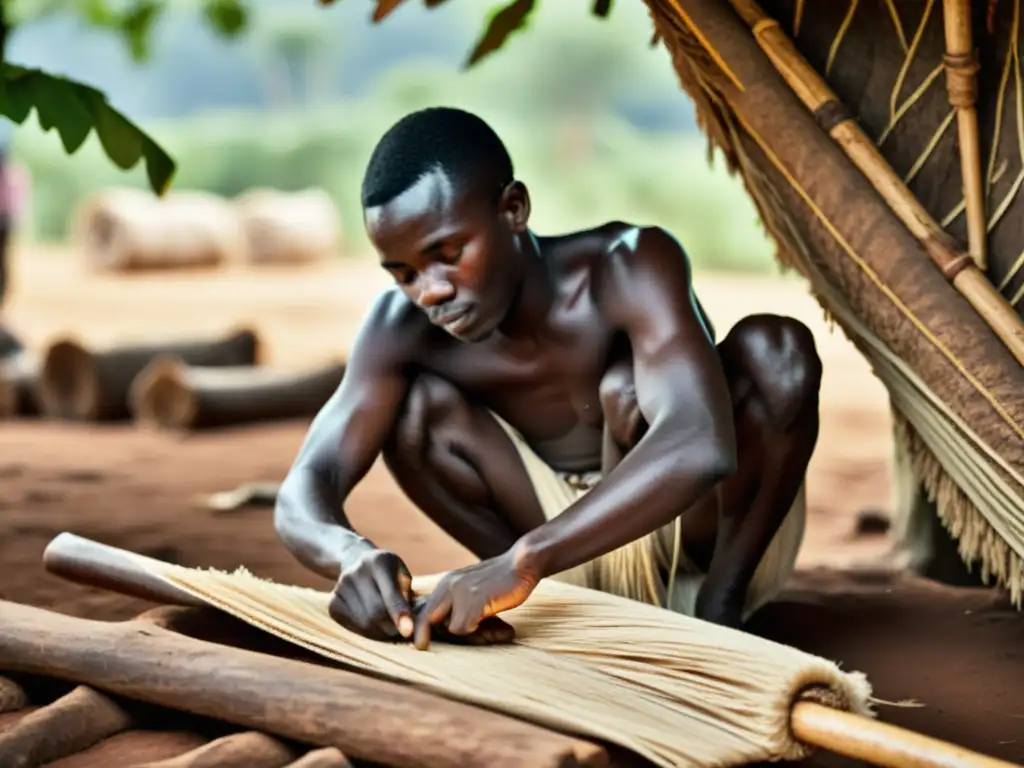 Un grupo de artesanos en Uganda fabricando tela barkcloth de forma tradicional, capturando la rica herencia cultural