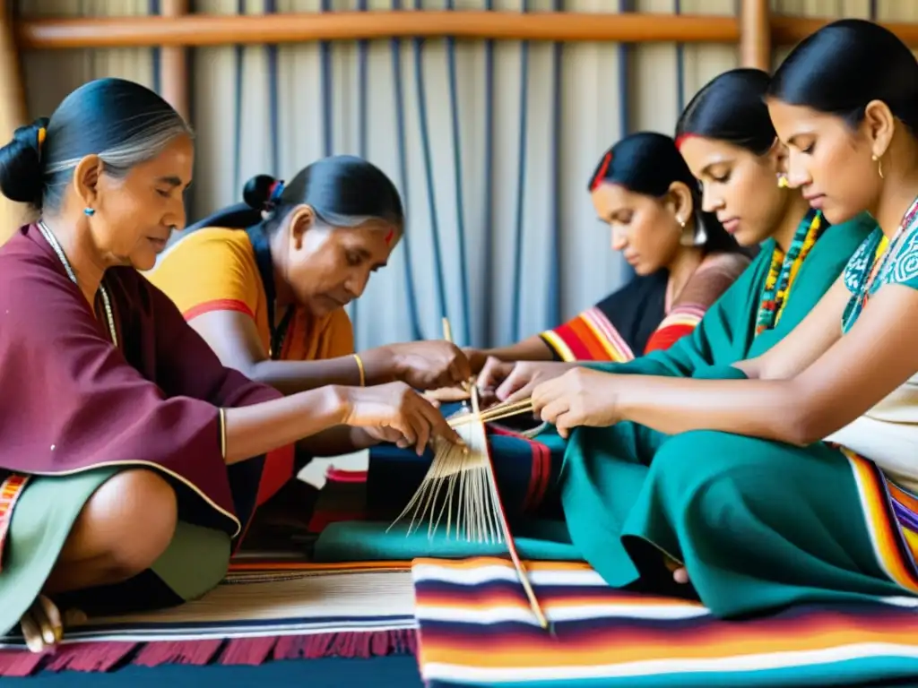 Un grupo de artesanos indígenas teje textiles tradicionales con habilidad, rodeados de coloridos patrones y lanas