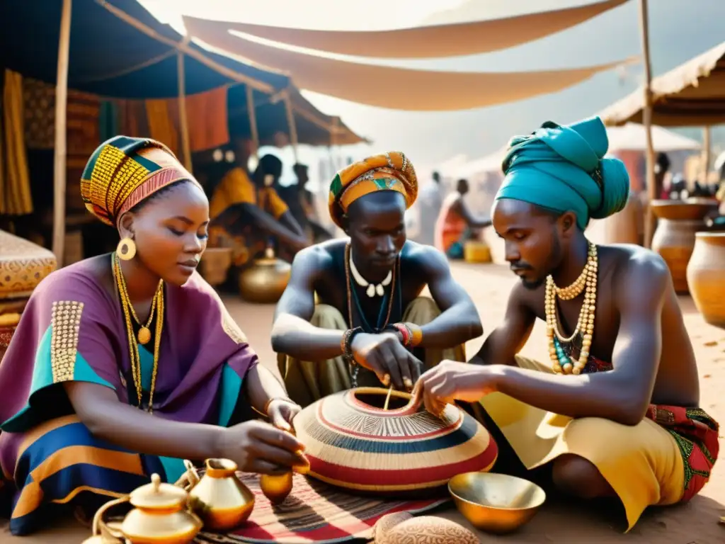 Un grupo de artistas africanos crea arte único en un bullicioso mercado, con influencia de los patrones artísticos africanos