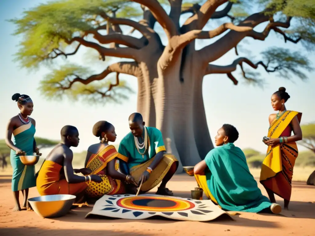 Un grupo de artistas africanos pintando patrones tribales bajo un árbol baobab, creando un ambiente cálido y nostálgico