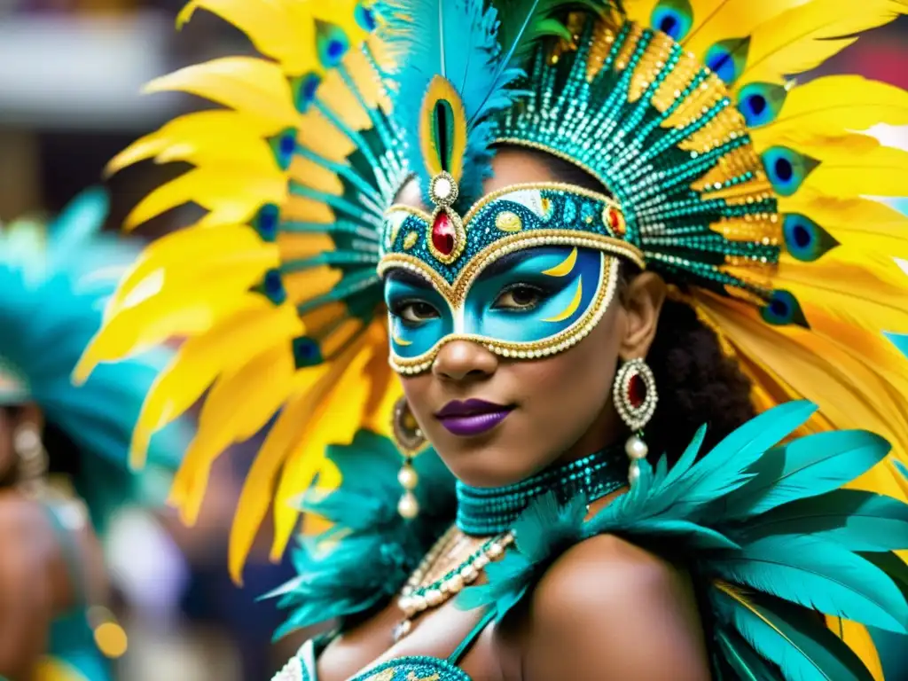 Deslumbrante Carnaval Brasileño: Performers en Coloridos Trajes Grupo de artistas del carnaval de Brasil con vistosos patrones de vestimenta ritual Brasil, vibrante y colorida
