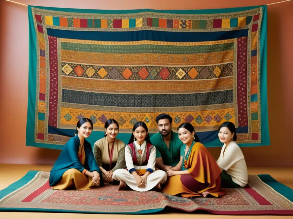 Un grupo de artistas de diferentes culturas estudian y comparten sus técnicas ante un tapiz de patrones artísticos en intercambios culturales