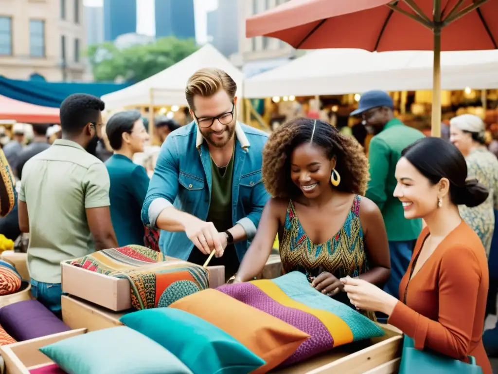 Grupo de artistas y diseñadores colaborando en un mercado urbano, mostrando estrategias de expansión global