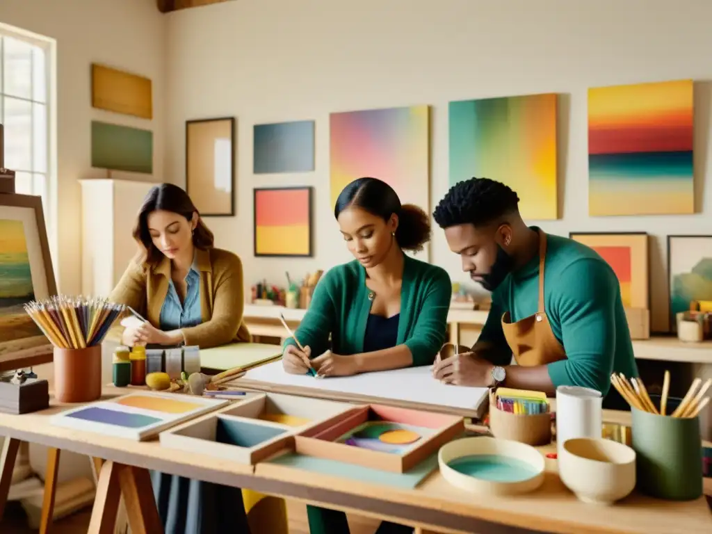 Grupo de artistas colaborando en un estudio vintage, rodeados de pinturas y suministros de arte