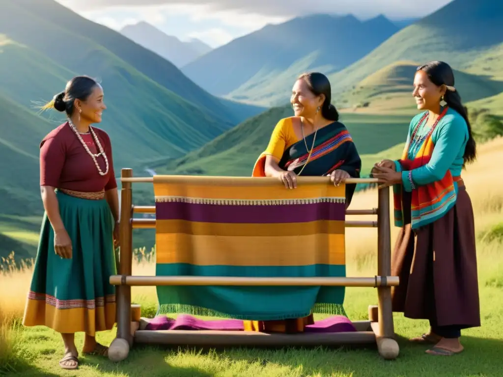 Un grupo de artistas indígenas teje textiles coloridos y vibrantes en un telar tradicional, con un paisaje montañoso de fondo