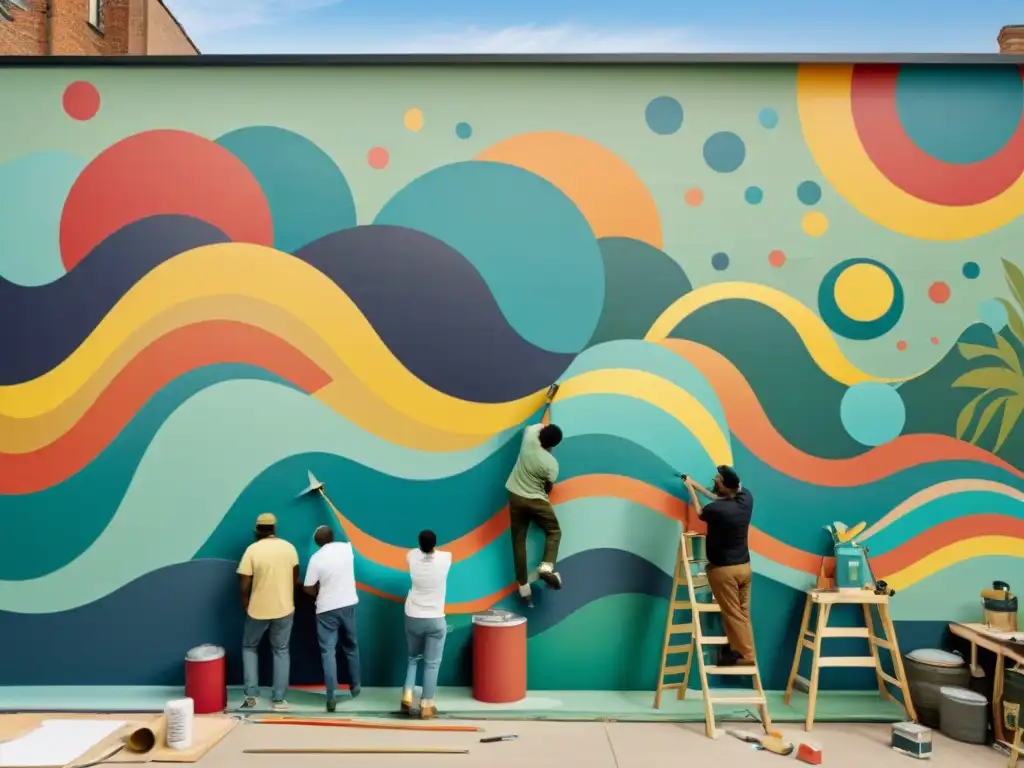 Un grupo de artistas modernos colabora en un mural, mezclando técnicas y estilos