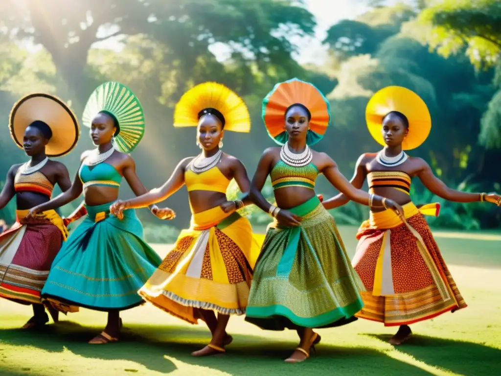 Grupo de bailarines africanos en coloridos tejidos, danza ritual en claro del bosque