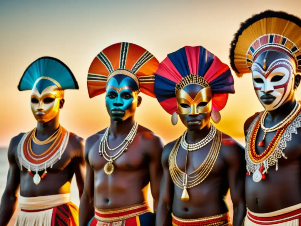 Grupo de bailarines africanos en máscaras y trajes vibrantes en la hora dorada, evocando rituales de máscaras africanas