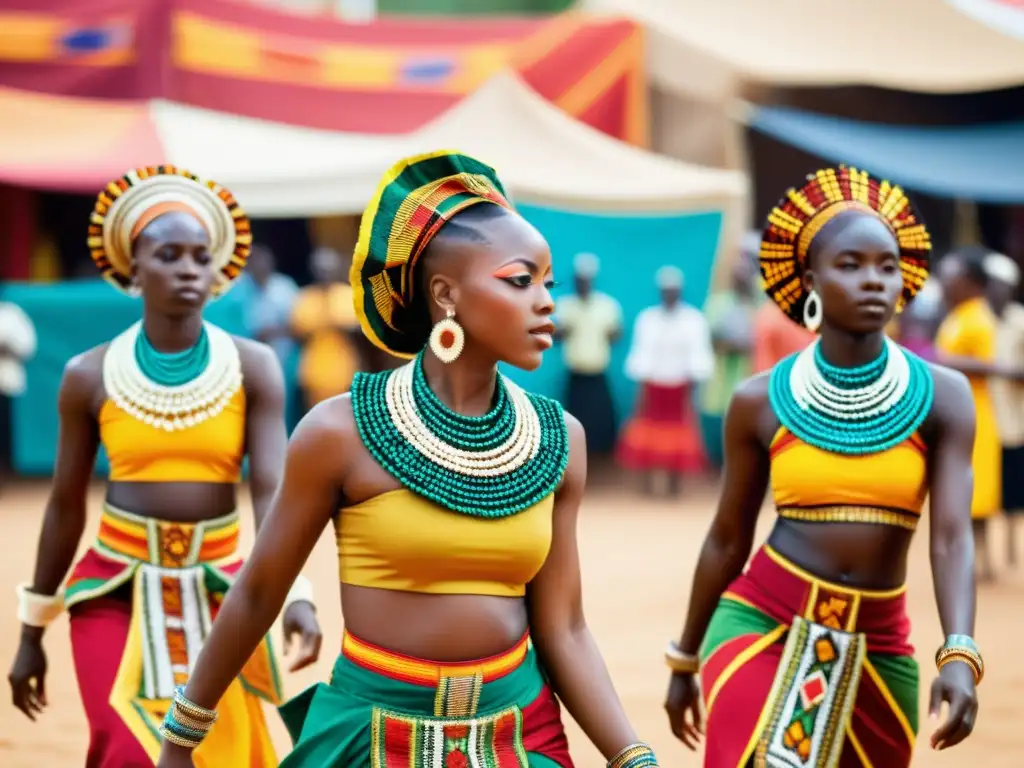 Grupo de bailarines africanos en vibrantes trajes tradicionales, realizando una danza ritual en un bullicioso mercado africano