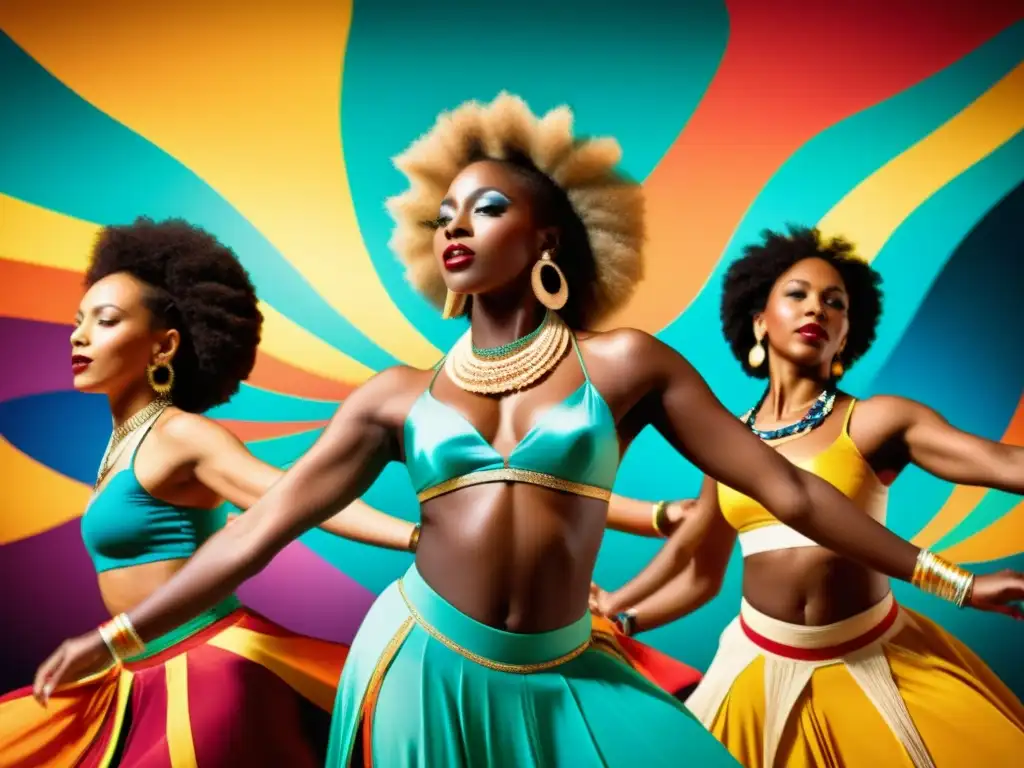 Baile afrocaribeño: Celebración vibrante y colorida Grupo de bailarines afrocaribeños en trajes tradicionales, moviéndose al ritmo de la música con energía y orgullo cultural