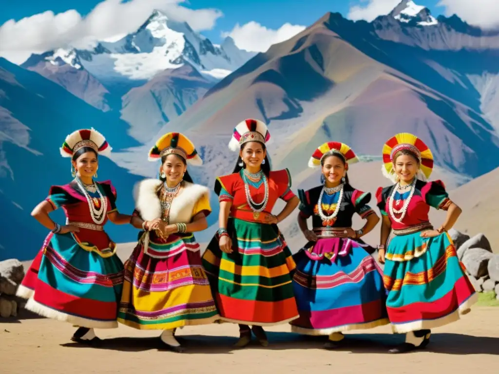 Grupo de bailarines Andinos en trajes coloridos, danzando con gracia frente a los majestuosos Andes