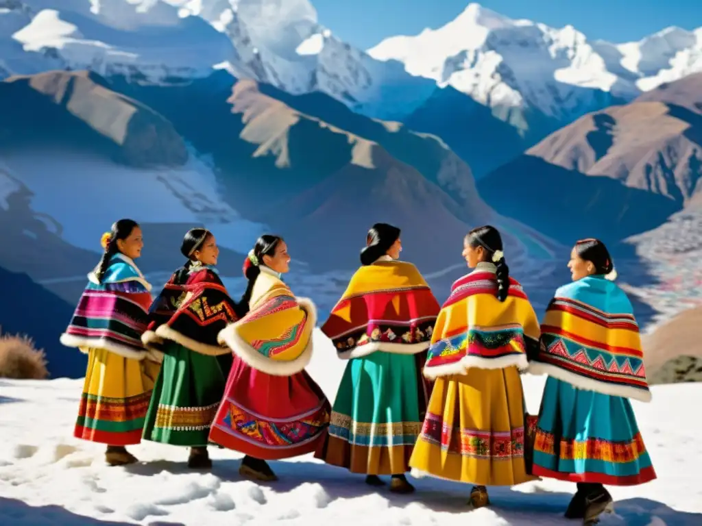 Grupo de bailarines andinos con trajes tradicionales coloridos, bailando con la nieve y montañas de fondo