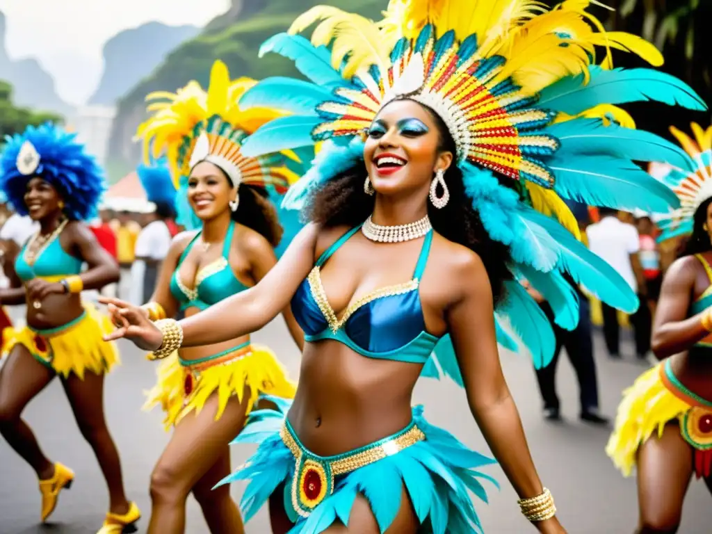 Grupo de bailarines en el bullicioso Carnaval de Río, con patrones de danza en Río y una atmósfera vibrante y festiva