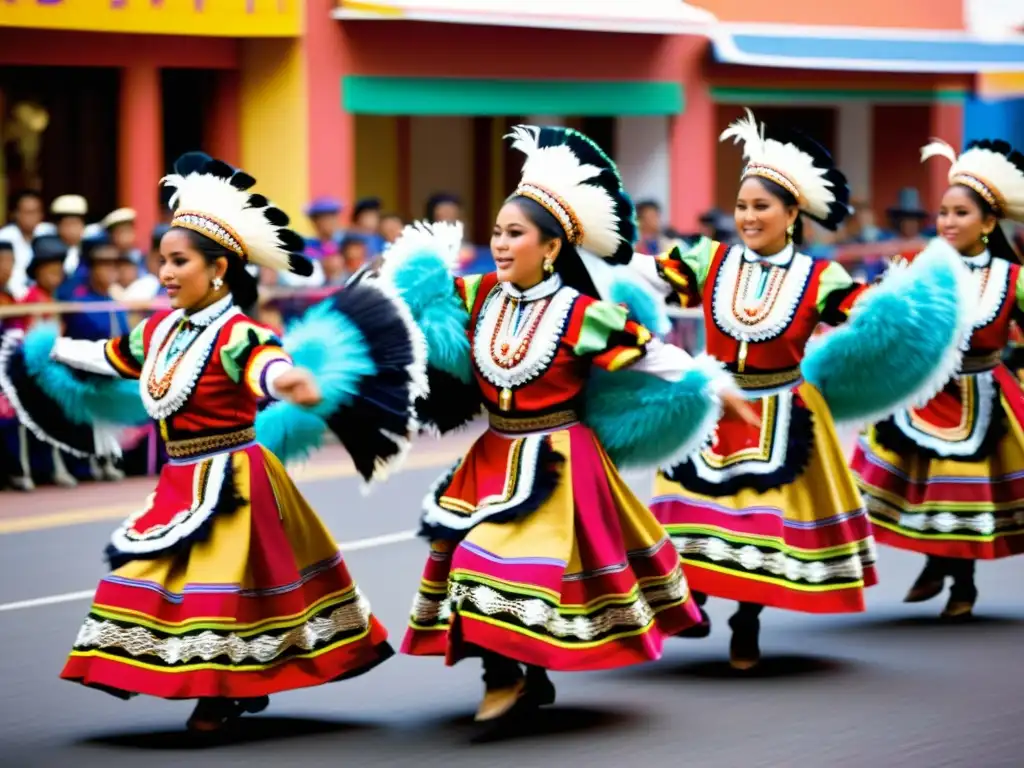 Grupo de bailarines Caporales en desfile callejero, símbolos de resistencia en carnaval boliviano