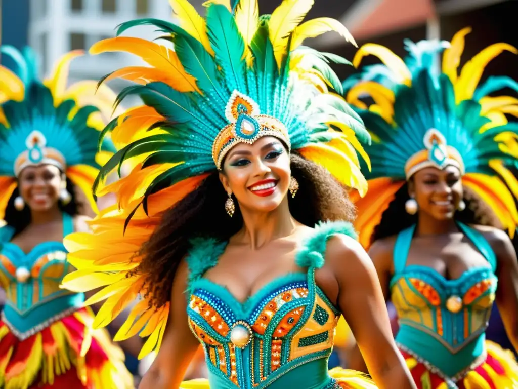 Deslumbrante baile de carnaval en Brasil Grupo de bailarines de carnaval brasileño con patrones de vestimenta ritual Brasil, trajes coloridos y vibrante energía festiva