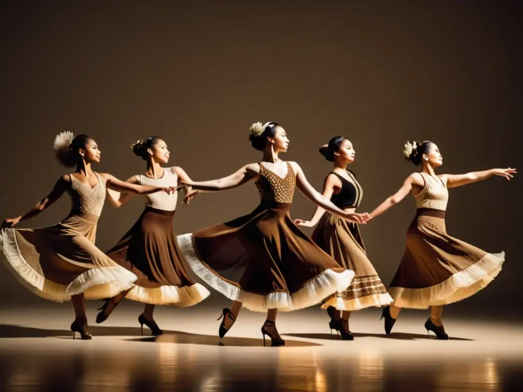 Un grupo de bailarines contemporáneos con trajes vintage realiza una coreografía que fusiona patrones de baile tradicionales y modernos