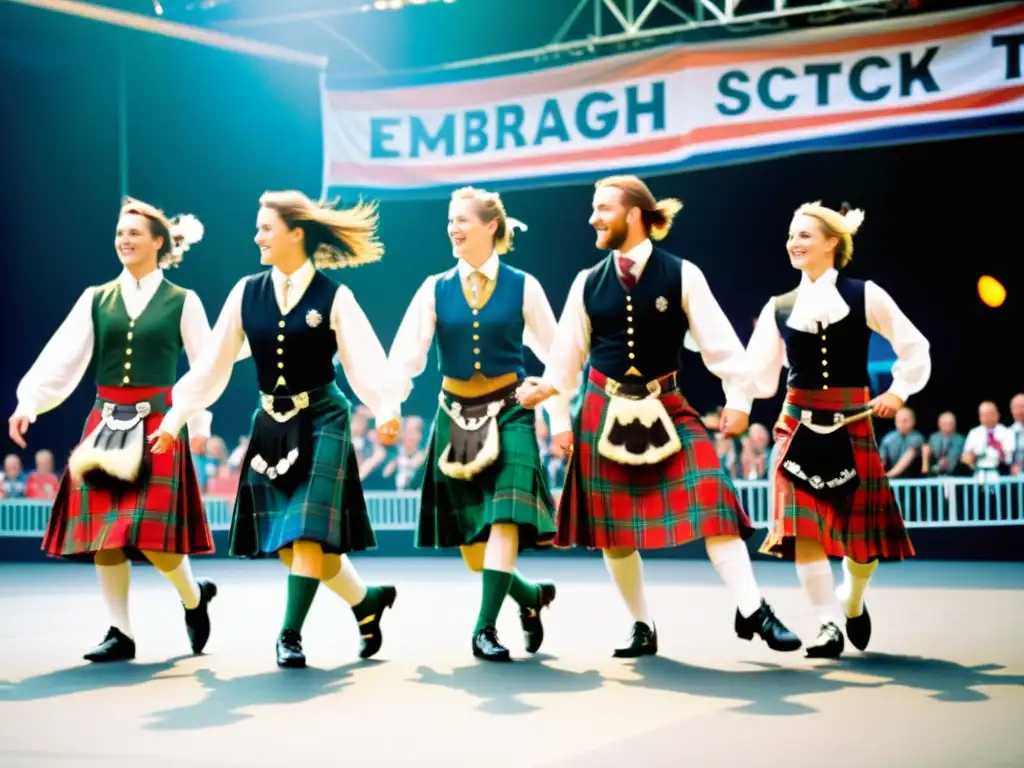 Grupo de bailarines escoceses en el Festival de Edimburgo, desplegando la tradición del tartán con gracia y energía