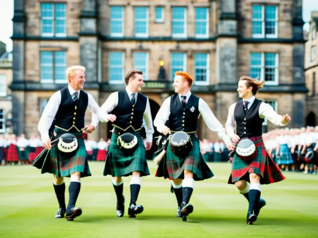 Grupo de bailarines escoceses en el Festival, con kilts de tartán en movimiento