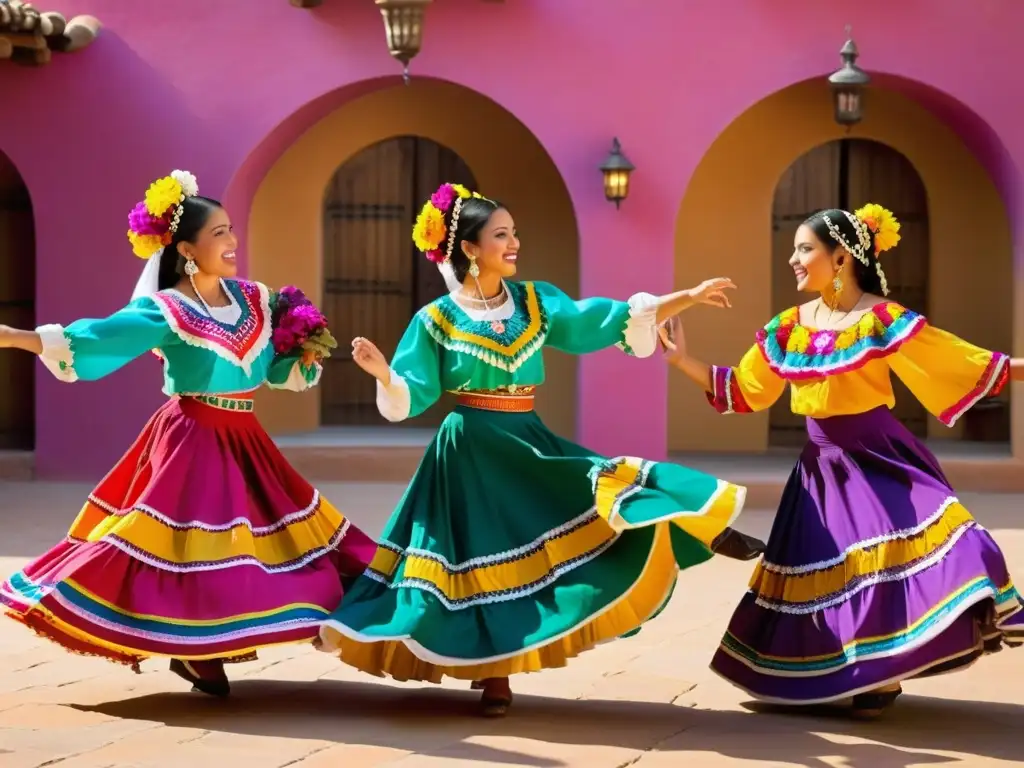 Grupo de bailarines folclóricos mexicanos con trajes multicolores, moviéndose en un patio soleado