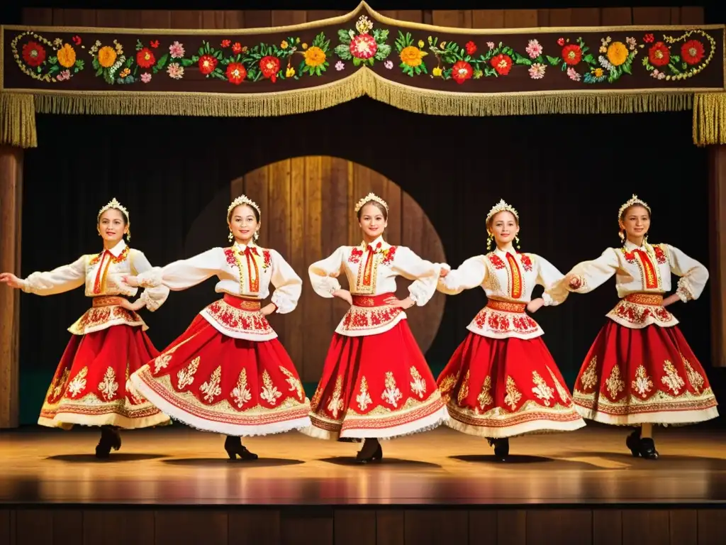 Un grupo de bailarines folclóricos rusos en trajes tradicionales danzando con gracia y vitalidad en un escenario decorado con patrones florales