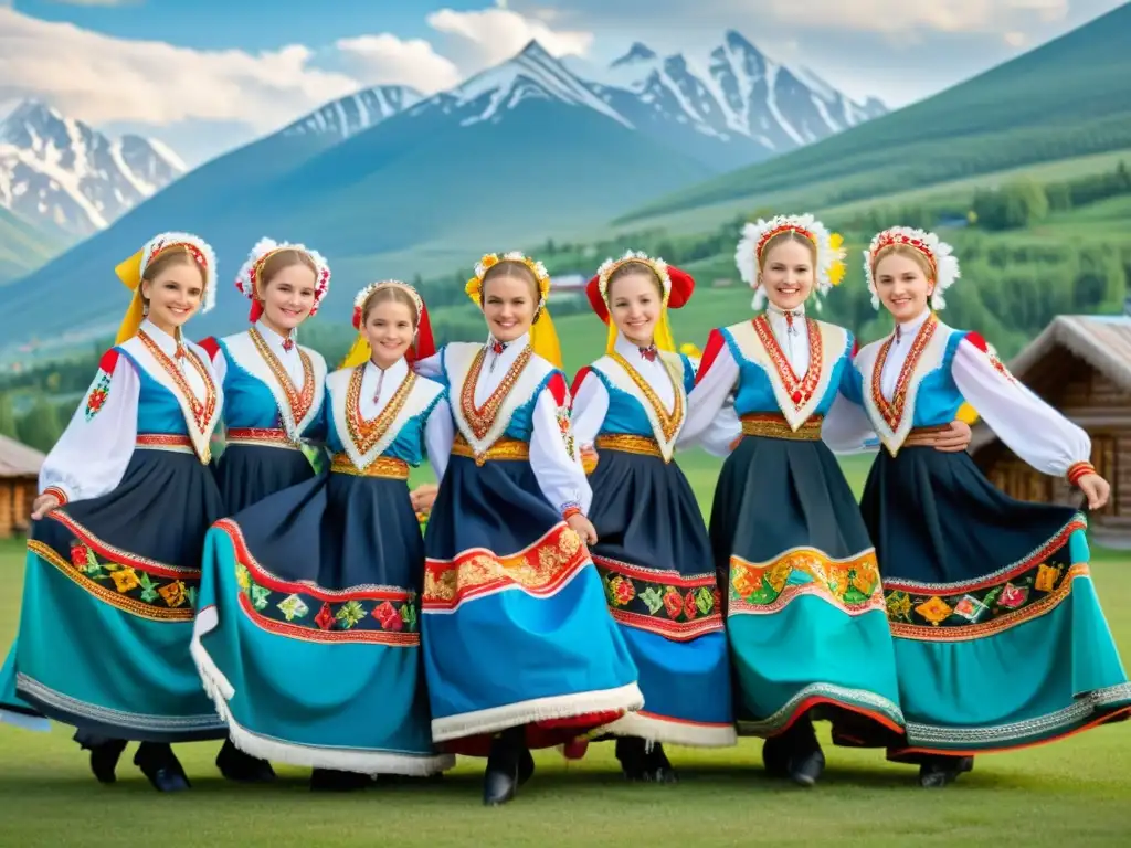 Grupo de bailarines folclóricos rusos realizando patrones de danzas folclóricas rusas en un pueblo ruso pintoresco con casas de madera coloridas y montañas nevadas al fondo