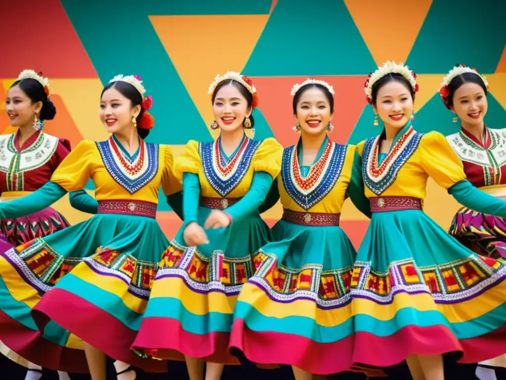 Grupo de bailarines folclóricos en trajes vibrantes y patrones artísticos, realizando una danza sincronizada en un escenario colorido