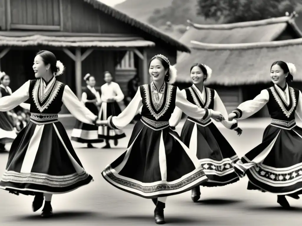 Grupo de bailarines folclóricos con trajes elaborados en movimiento