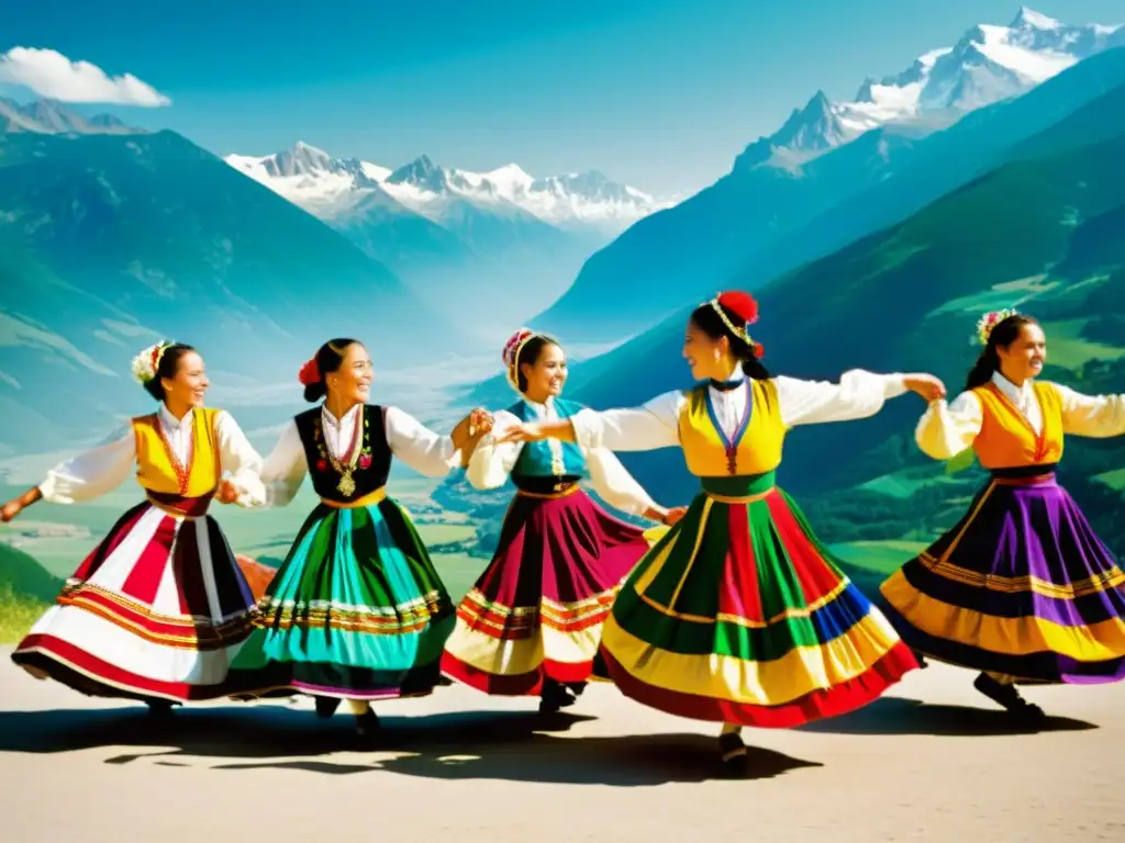 Grupo de bailarines folklóricos en trajes coloridos realizando una rutina vibrante en los Pirineos