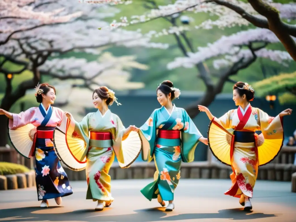 Un grupo de bailarines japoneses en el Festival Obon, con vestimentas coloridas y movimientos gráciles entre linternas y cerezos en flor