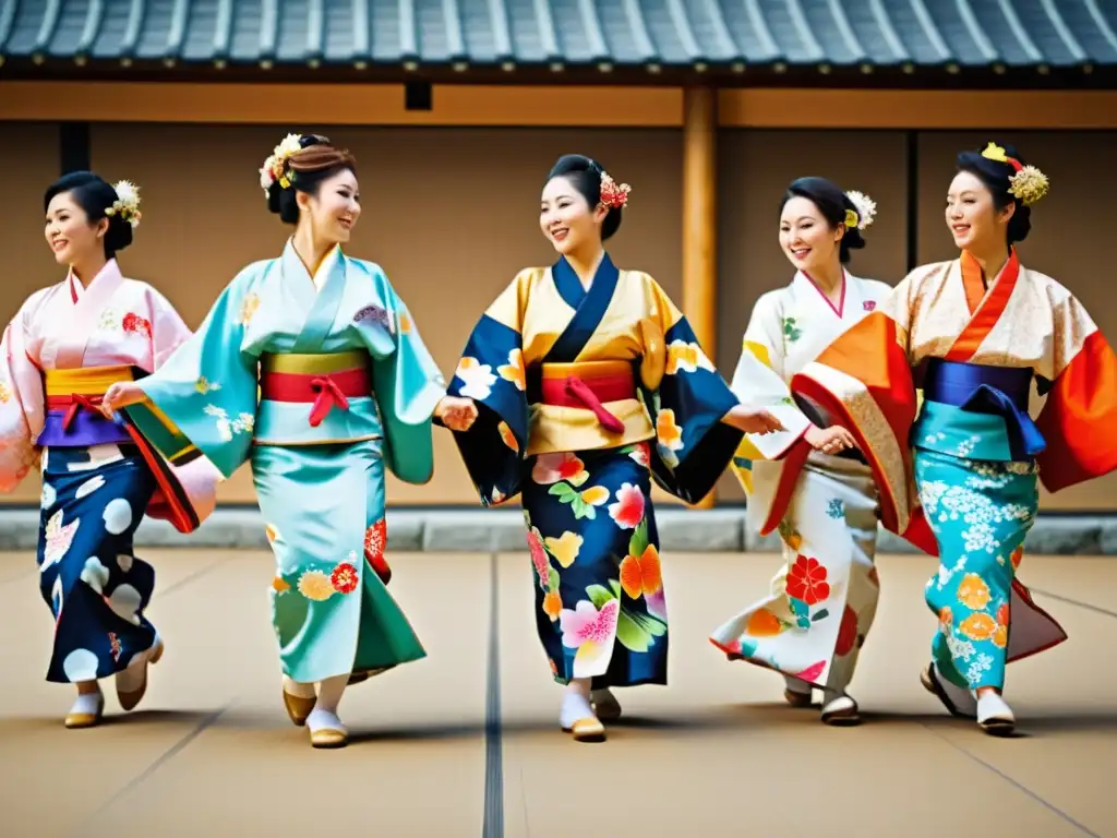 Grupo de bailarines japoneses con vibrantes y ornamentadas yukatas, movimientos elegantes y expresiones llenas de alegría en el Festival Obon