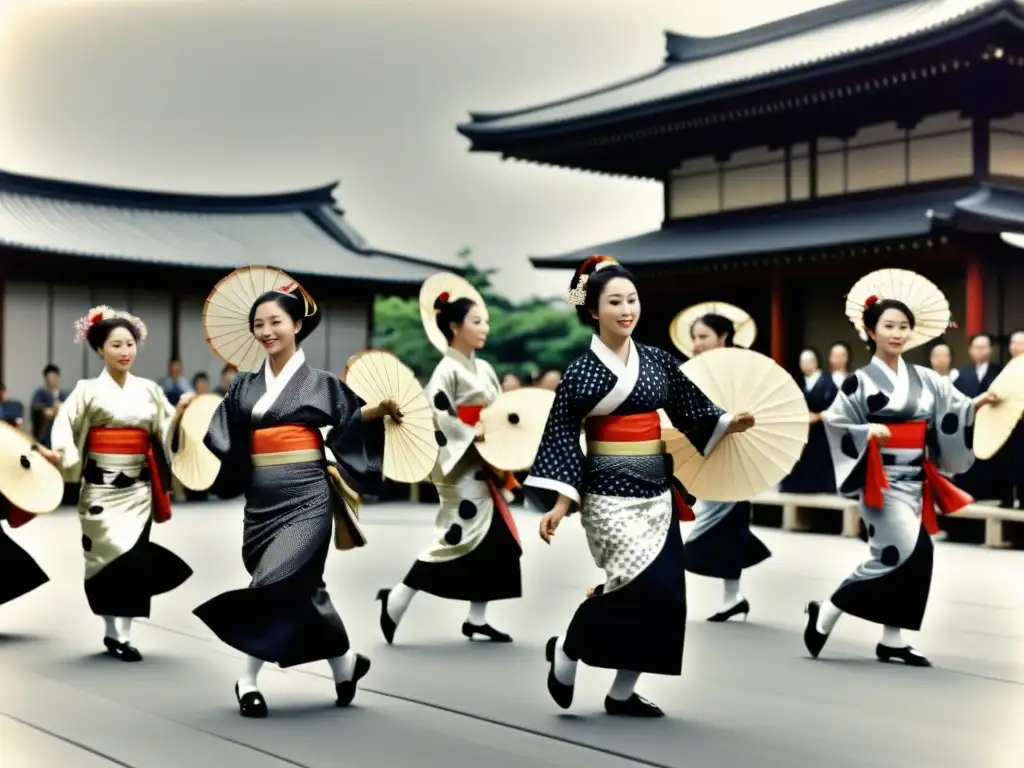 Grupo de bailarines en kimonos tradicionales durante el Festival Obon, mostrando vestimentas y movimientos festival Obon