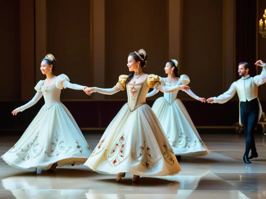 Grupo de bailarines renacentistas en un salón elegante