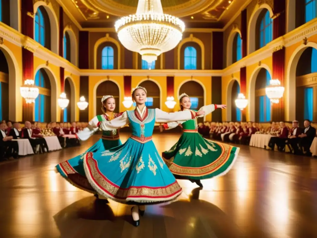 Un grupo de bailarines rusos en trajes tradicionales ejecutan una danza folclórica en un elegante salón