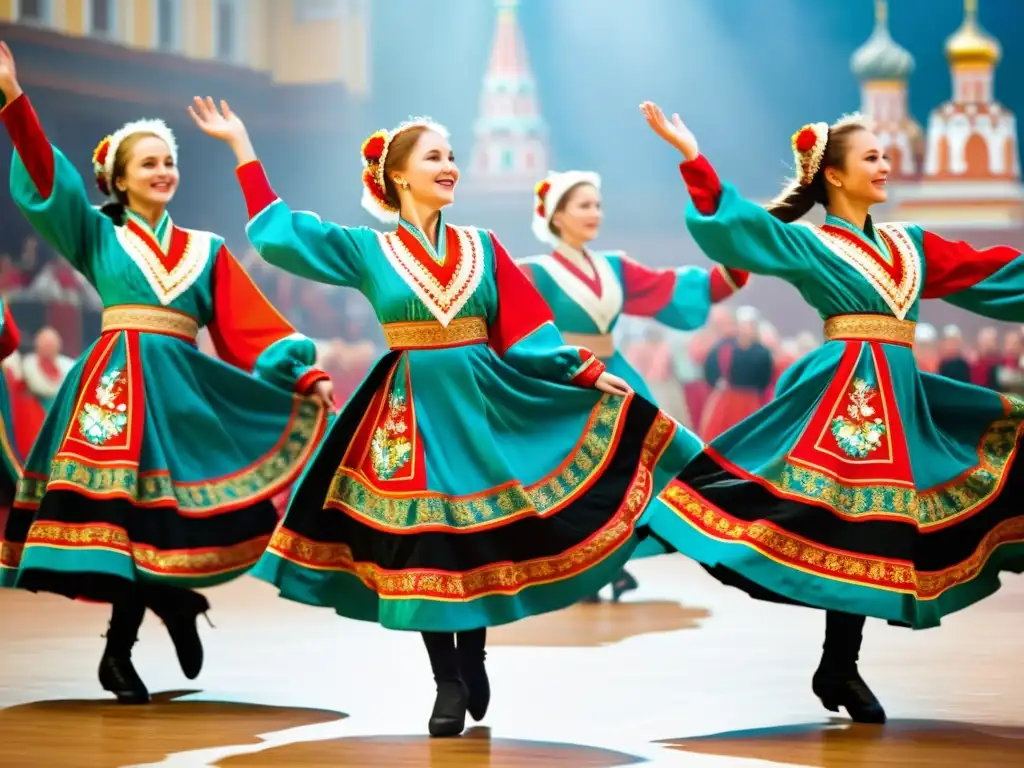 Grupo de bailarines rusos en trajes tradicionales, mostrando patrones de danzas folclóricas rusas con energía y pasión